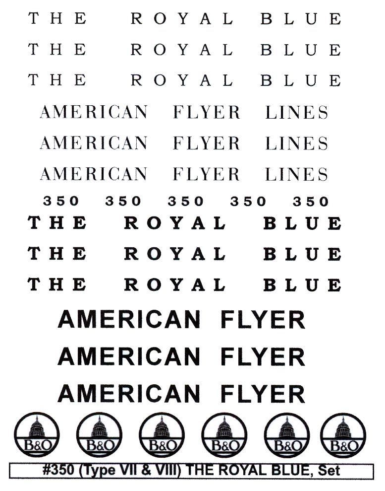 American Flyer Royal Blue Engine Decal Set for Type 1 Tender 350 